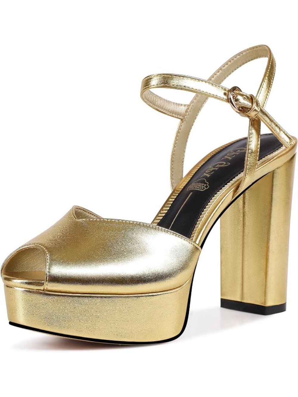 Women's Gold Faux Leather Fish Mouth Open Toe Ankle Strap Chunky Heel Shoes